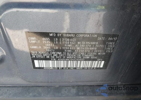 2017 Subaru Outback 2.5I Limited z USA, uszkodzony, nr VIN 4S4BSANC5H3399487